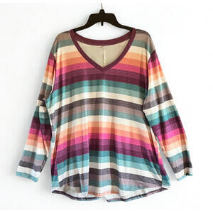 TIYOMI Ladies Plus Size 2X Rainbow Tunic Long Sleeve Colorful Printing VNeck NWT